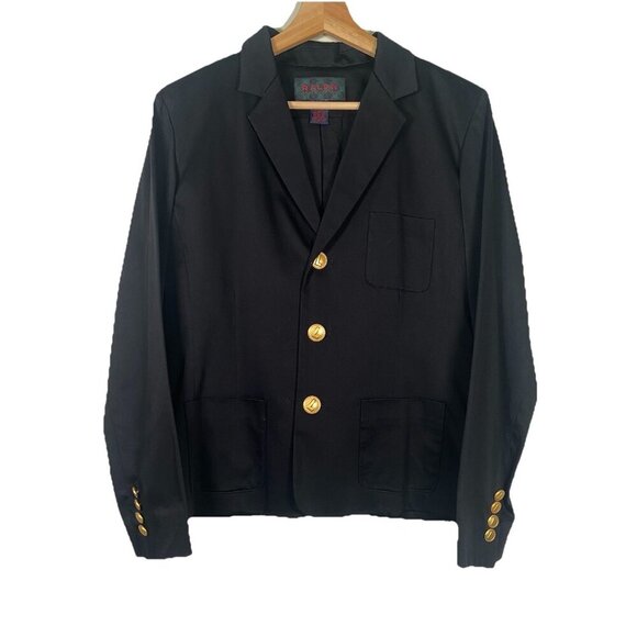 Vintage Ralph Lauren Gold Buttons Black Blazer Size M Equestrian Preppy Cotton - Picture 1 of 8
